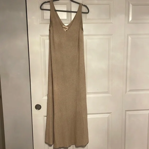 beige knit sweater dress Beige Knitted Sweater Dress Autumn Winter Elastic Long Sleeve V Neck E –  Divahotcouture main image 0